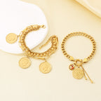 Gold 18k Gold Plated Coin Portrait Cross Cuban Bracelet