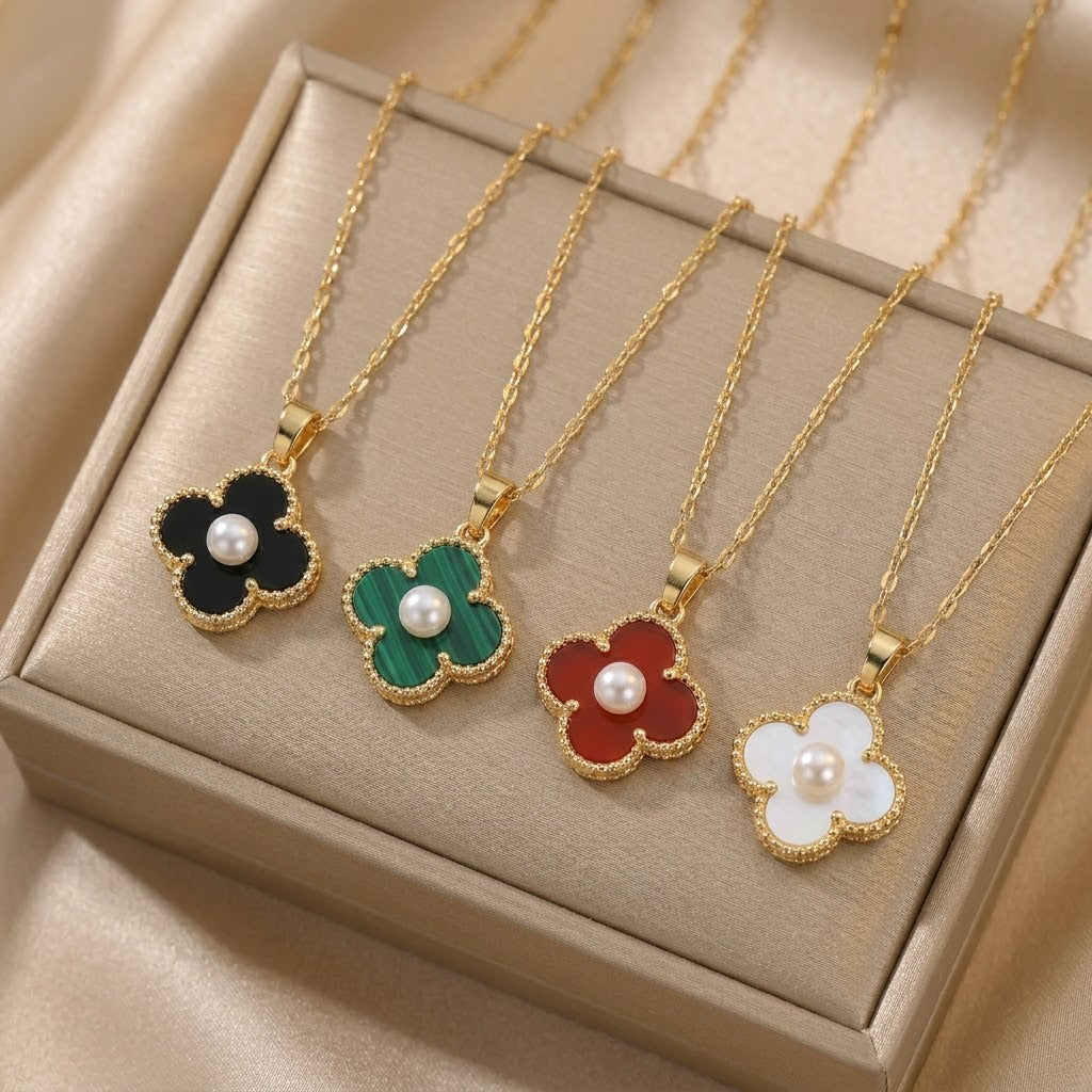 Red Titanium Steel Rotating Bauhinia Zircon Necklace