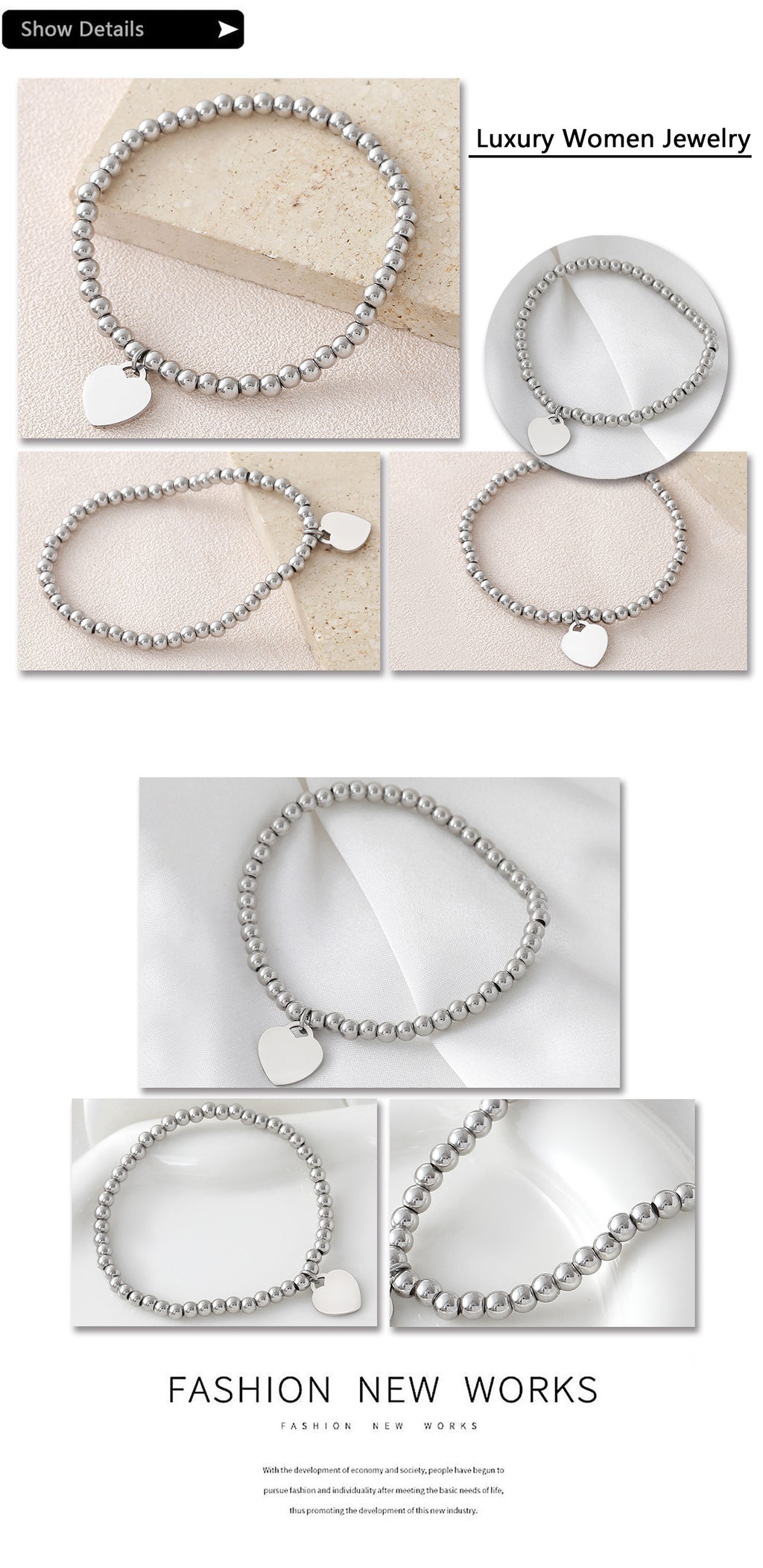 Silver Stainless Steel Beaded Heart Bracelet