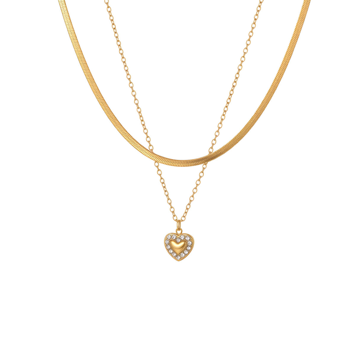 Gold Stainless Steel Diamond-encrusted Heart Double-layer Necklace