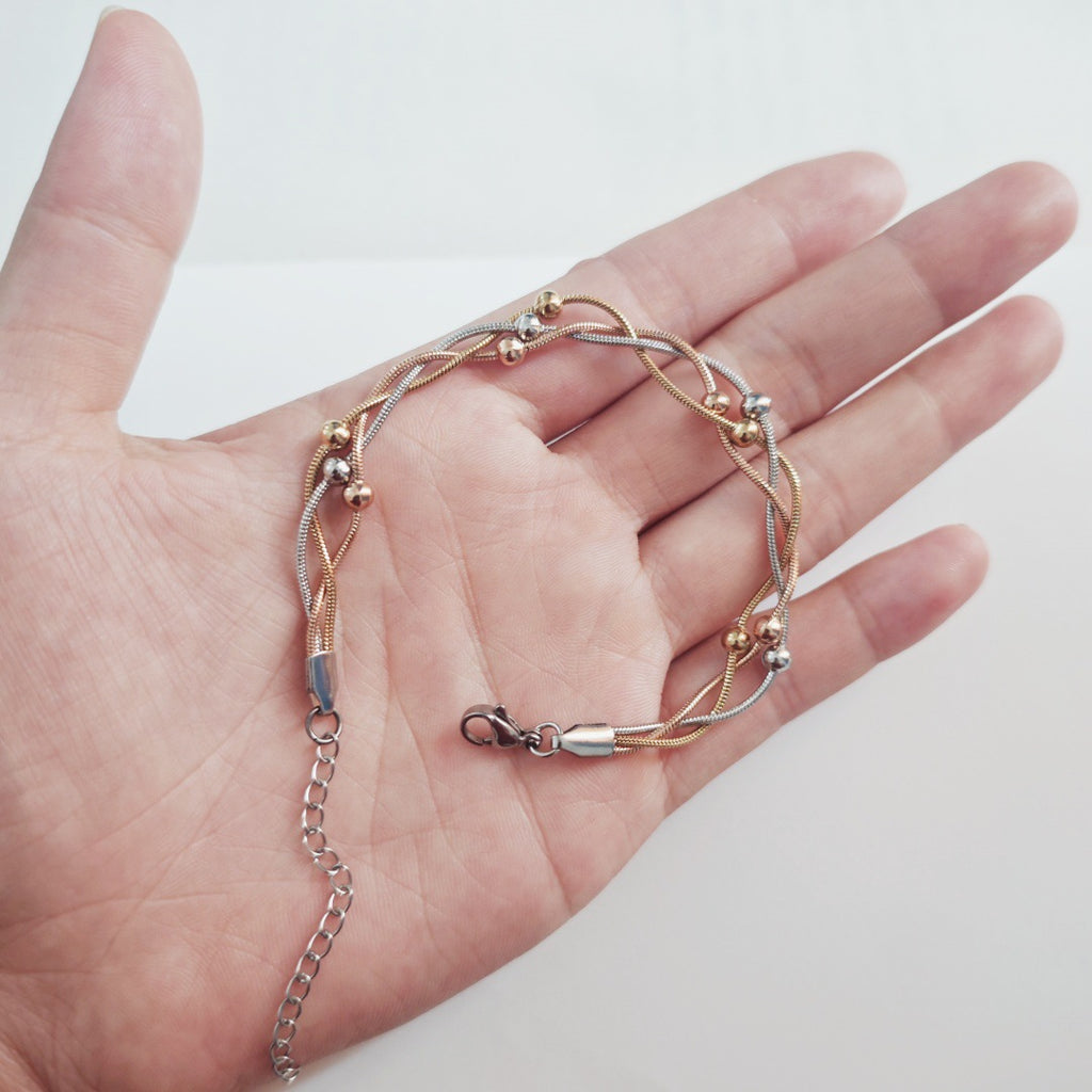 Three-color Gold Stainless Steel Multi-layered Round Snake Bead Bracelet