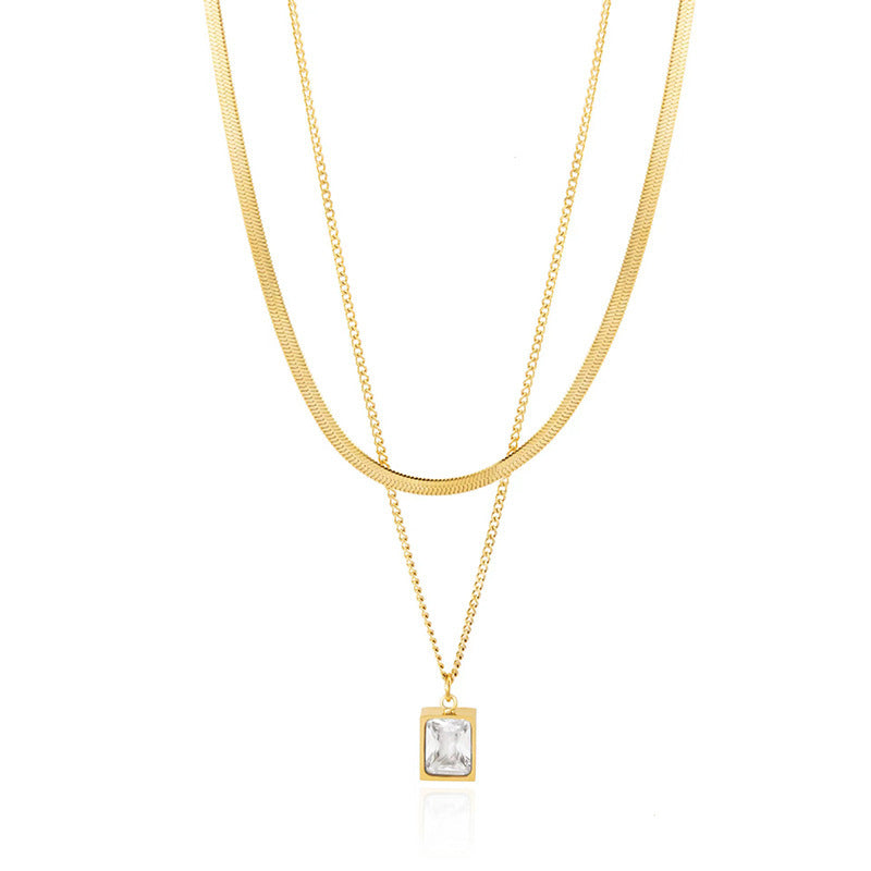 White Diamond Necklace Gold Titanium Steel Square Necklace