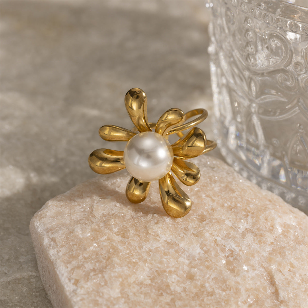 Ring 2 Stainless Steel Pearl Flower Irregular Ring