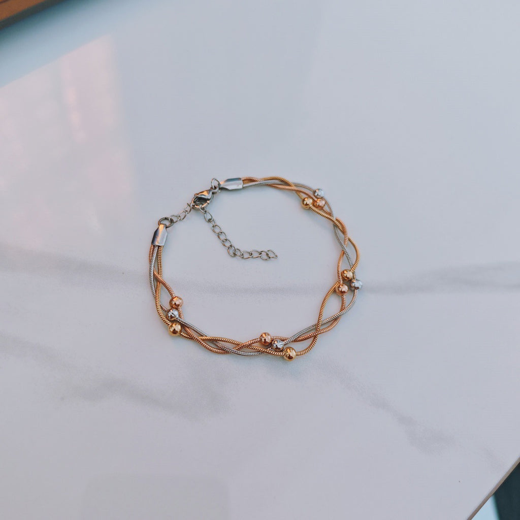 Three-color Gold Stainless Steel Multi-layered Round Snake Bead Bracelet