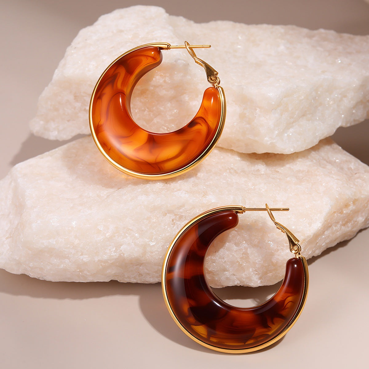 4 Brown Earrings Stainless Steel Round Earrings