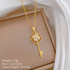 Gold Titanium Steel Diamond-encrusted Key Necklace
