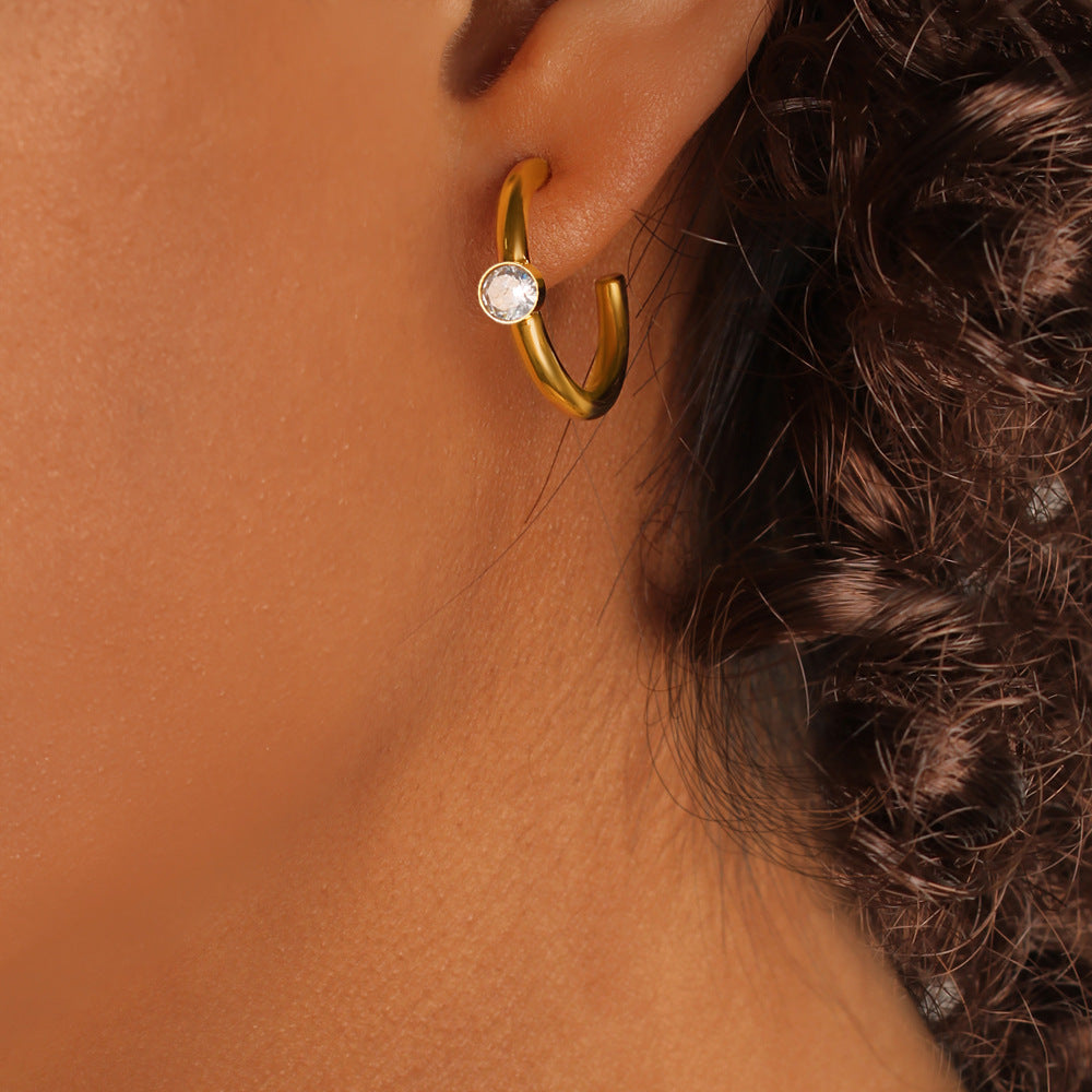 Gold Stainless Steel Diamond C-shaped Earrings