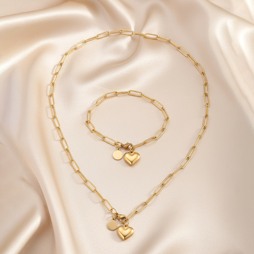 Silver Stainless Steel Heart Necklace And Bracelet Set