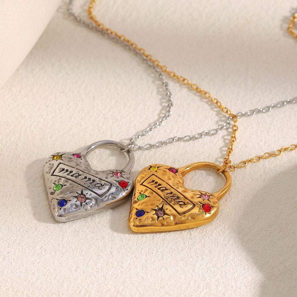 Colored Zirconium Love Mama Pendant Necklace-gold Stainless Steel Diamond Heart Necklace