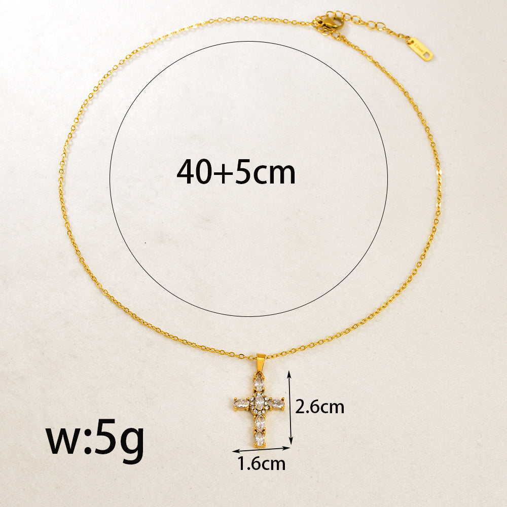 Gold Stainless Steel Diamond-encrusted Cross Necklace
