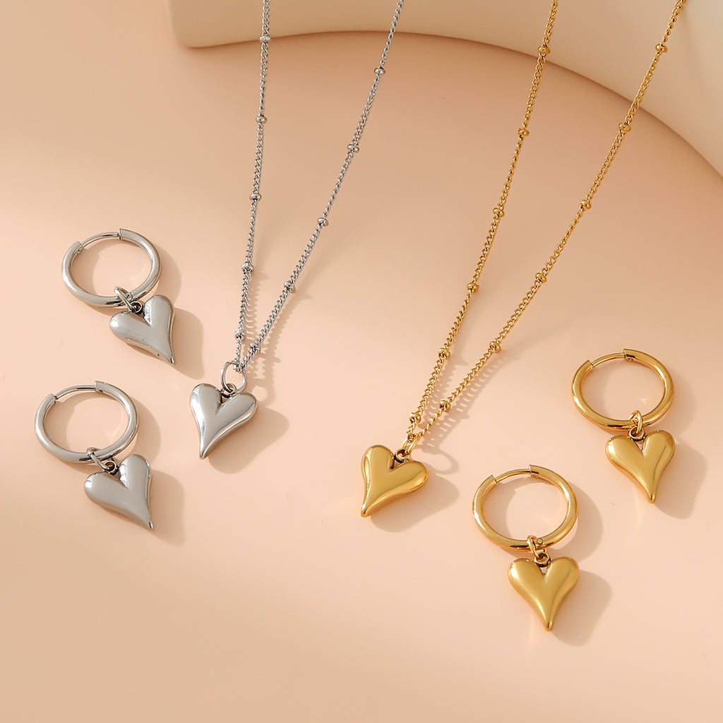 Gold Heart-shaped Earrings And Necklace Set Stainless Steel Heart Necklace Earring Set