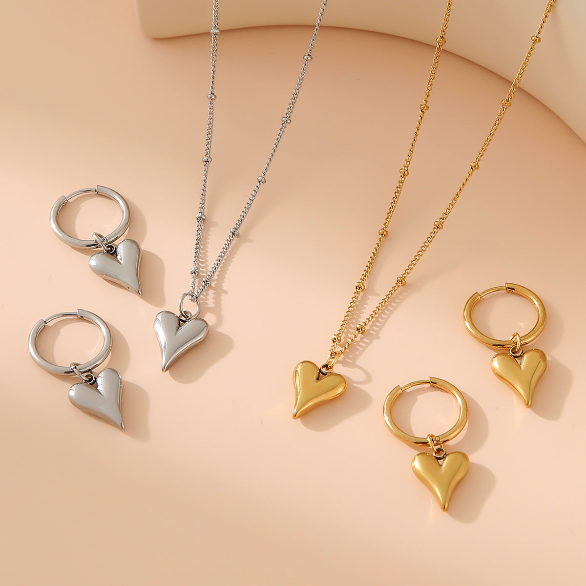 Gold Heart-shaped Earrings And Necklace Set Stainless Steel Heart Necklace Earring Set