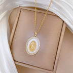 Gold Stainless Steel Diamond Portrait Oval Necklace