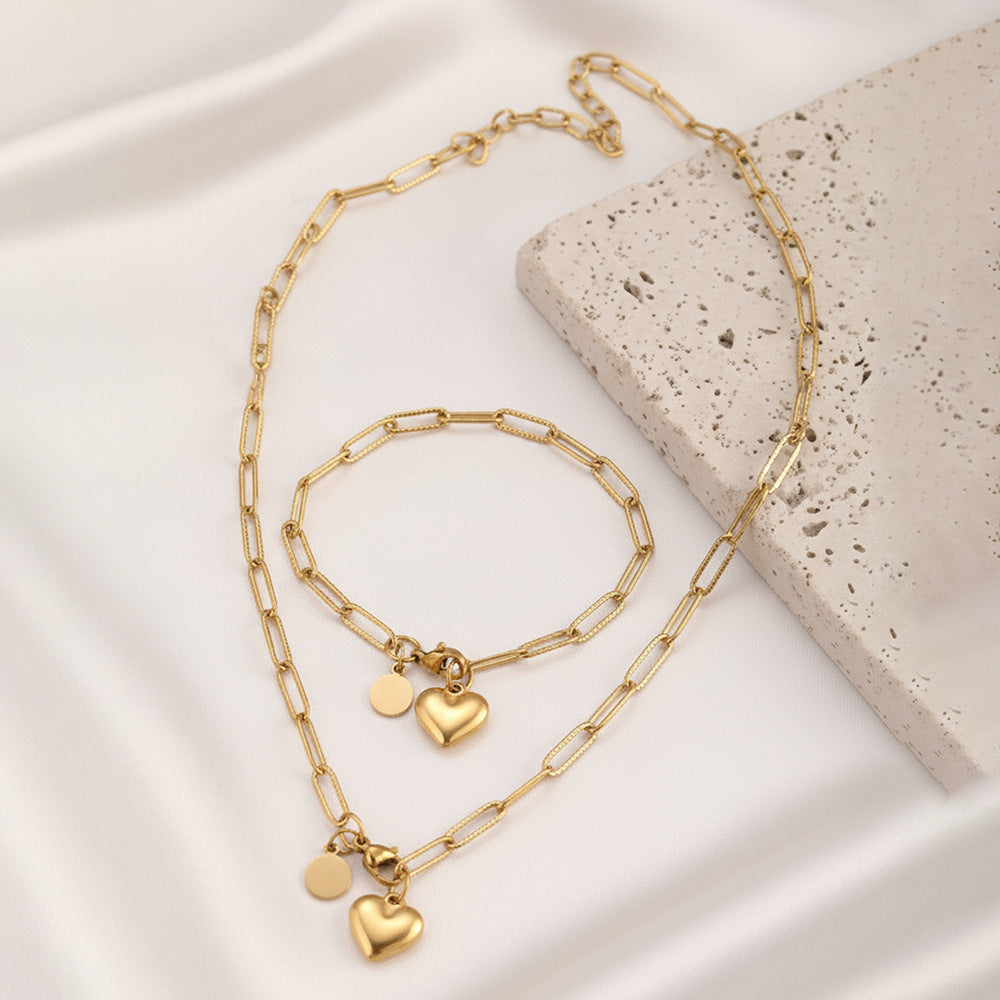 Gold Stainless Steel Heart Necklace And Bracelet Set