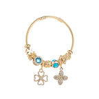 White Gold Stainless Steel Pan Family Style Beaded Four-leaf Clover Alloy Pendant Bracelet
