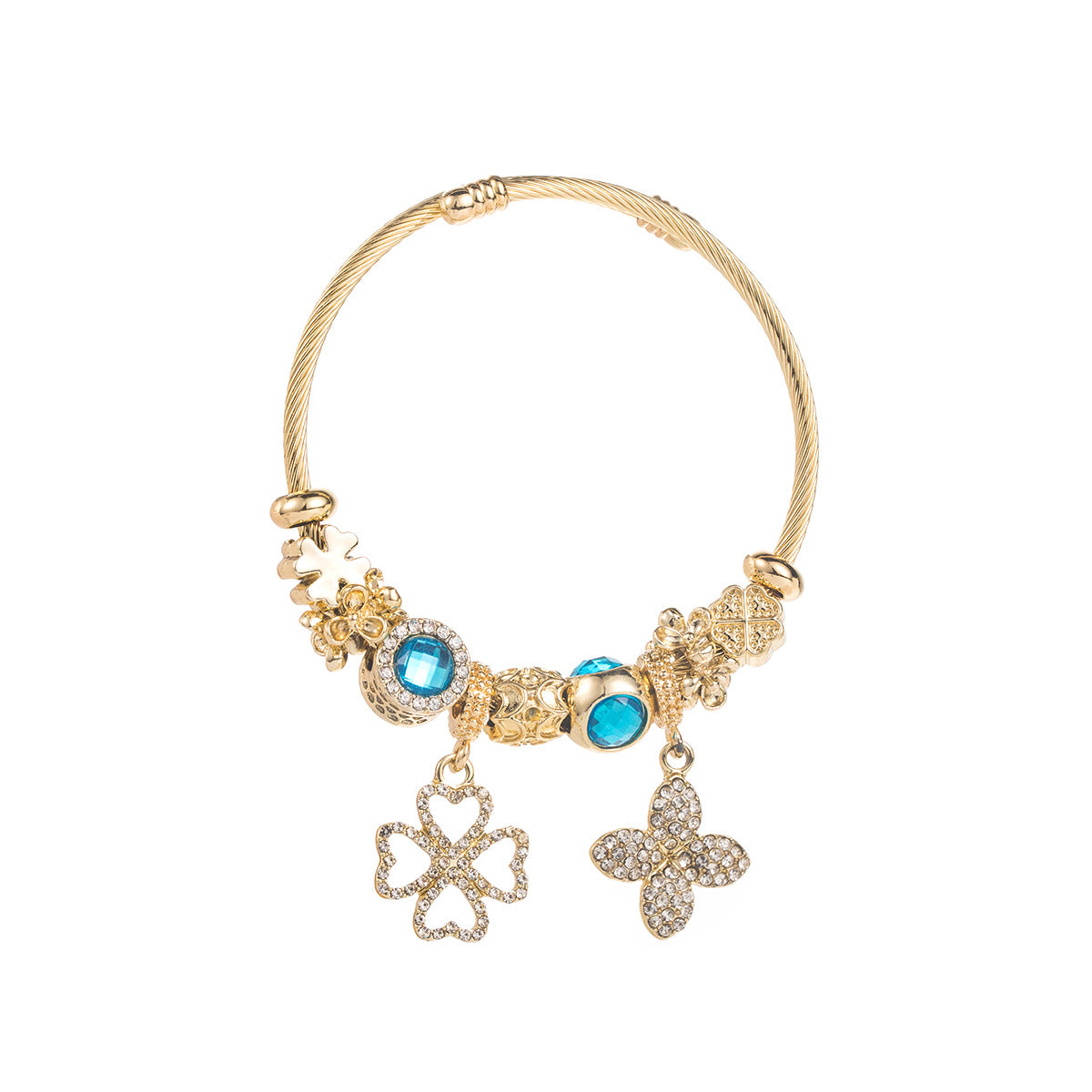 White Gold Stainless Steel Pan Family Style Beaded Four-leaf Clover Alloy Pendant Bracelet