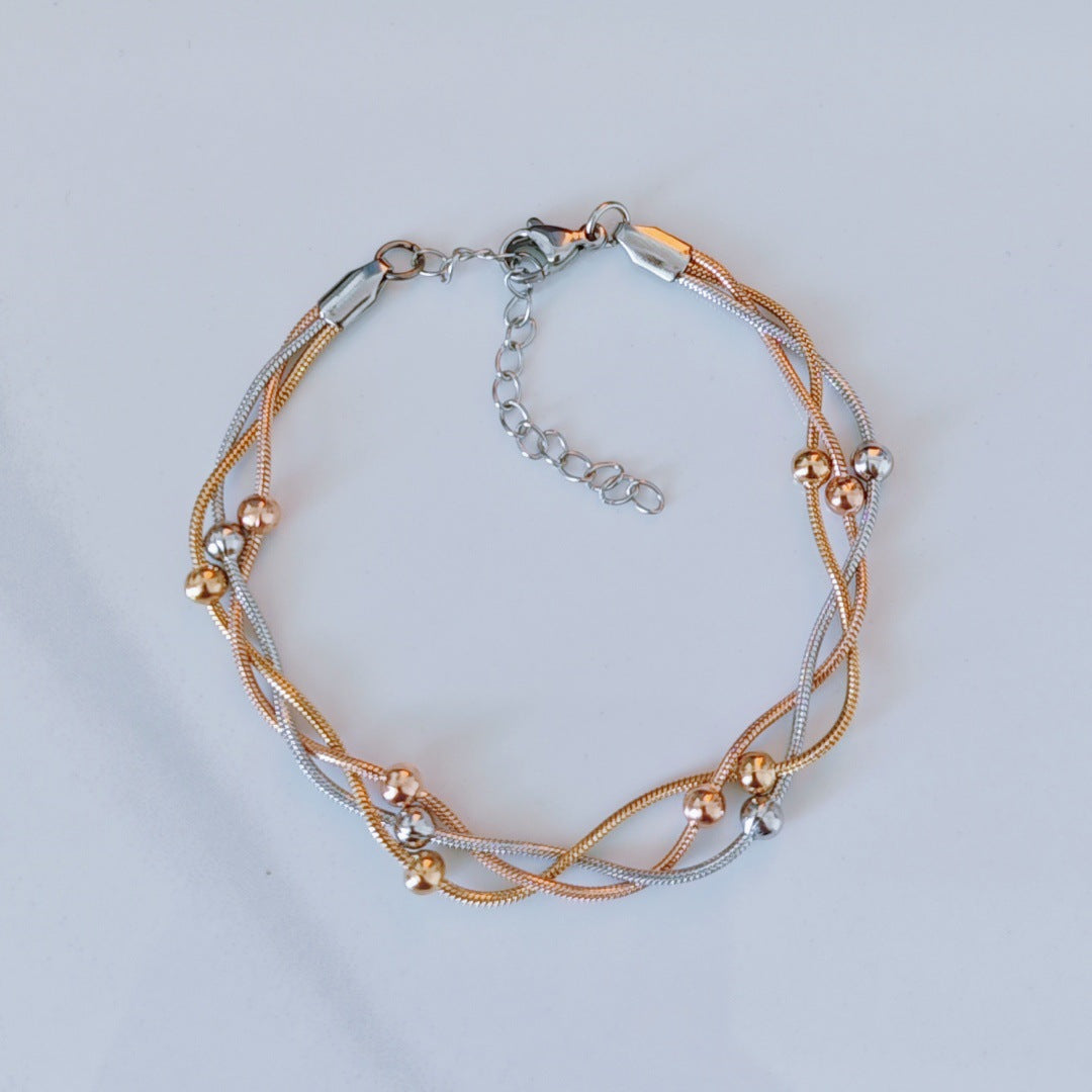 Three-color Gold Stainless Steel Multi-layered Round Snake Bead Bracelet