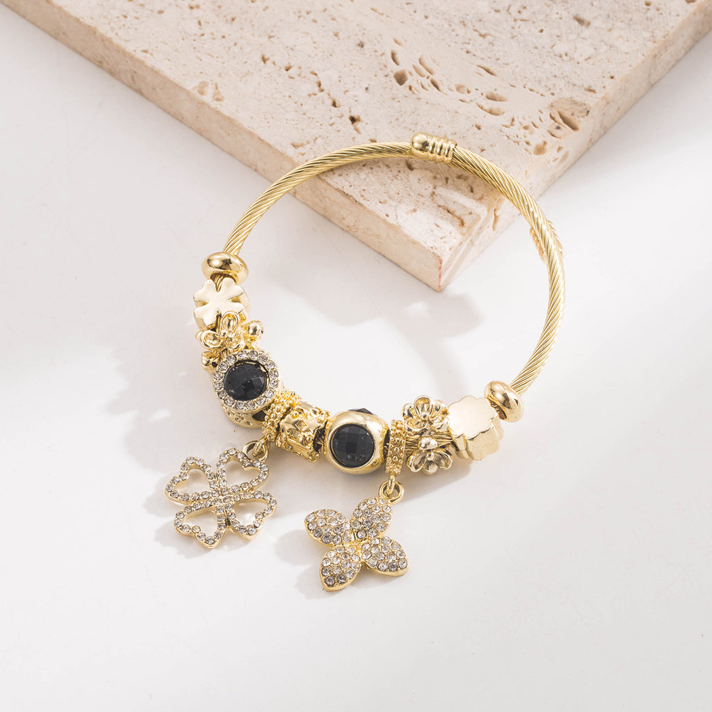 White Gold Stainless Steel Pan Family Style Beaded Four-leaf Clover Alloy Pendant Bracelet