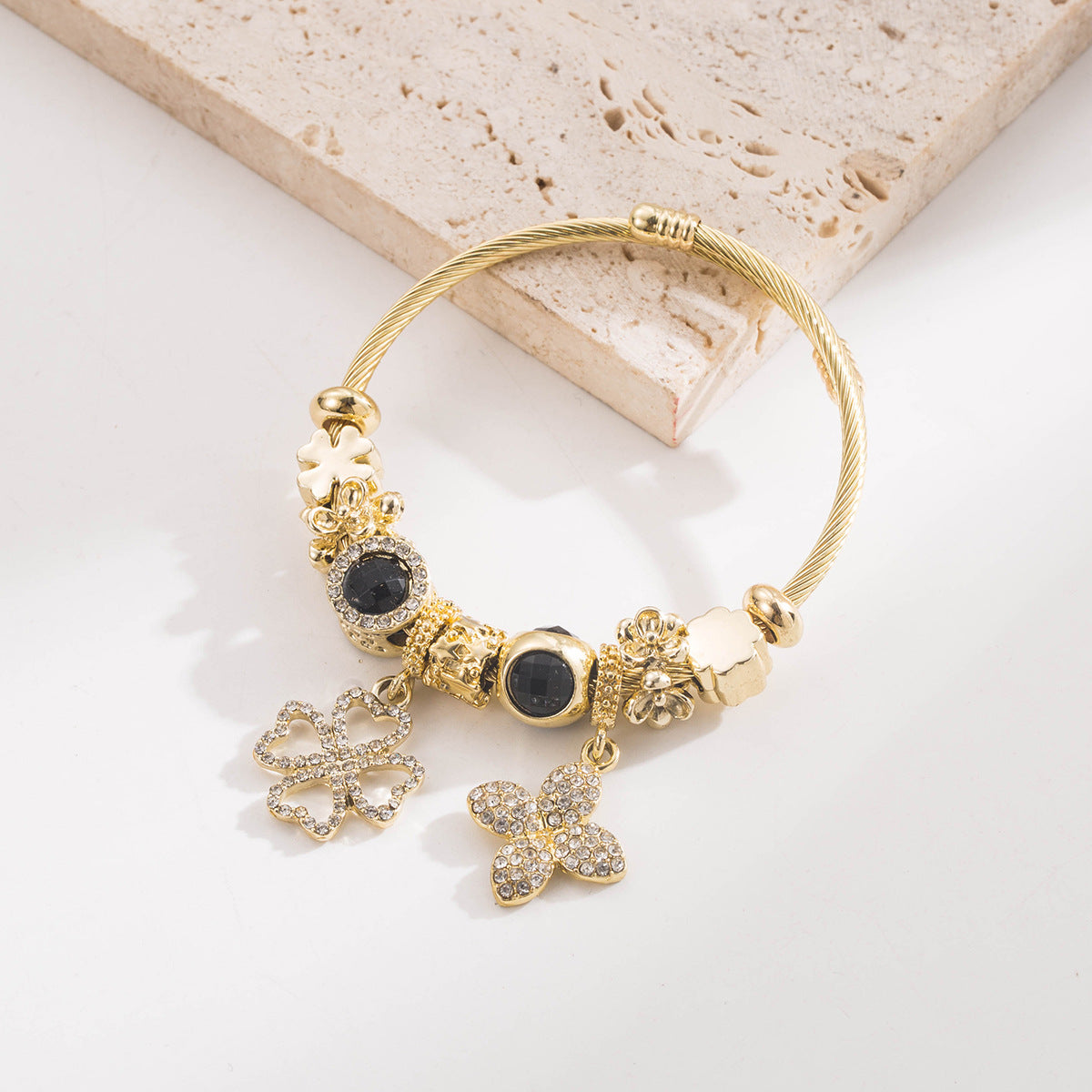 White Gold Stainless Steel Pan Family Style Beaded Four-leaf Clover Alloy Pendant Bracelet
