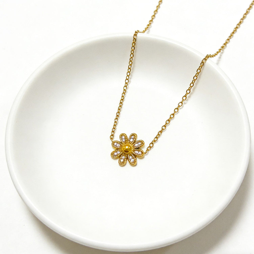 Gold 3d Daisy Zircon Pendant Necklace Stainless Steel 18k Gold Plated