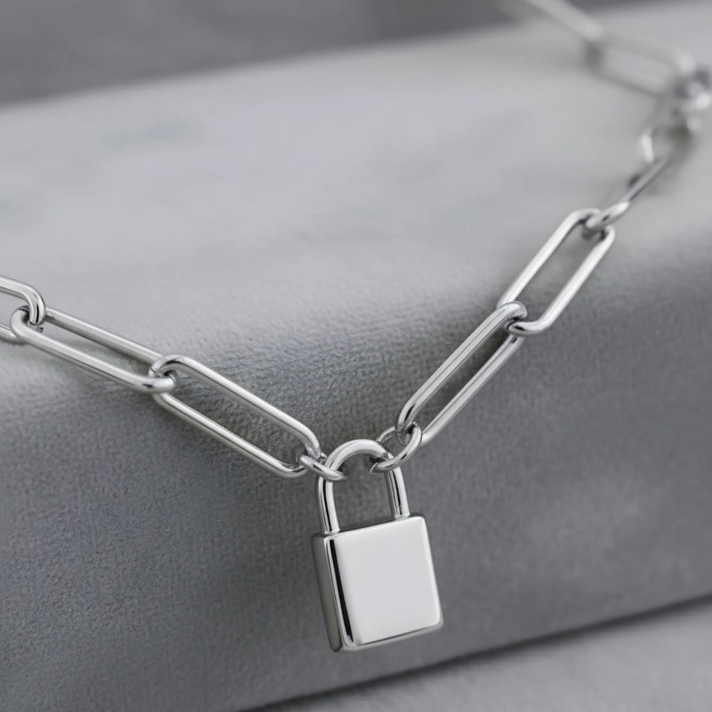Small Lock Paper Clip Necklace Silver Stainless Steel Lock Necklace
