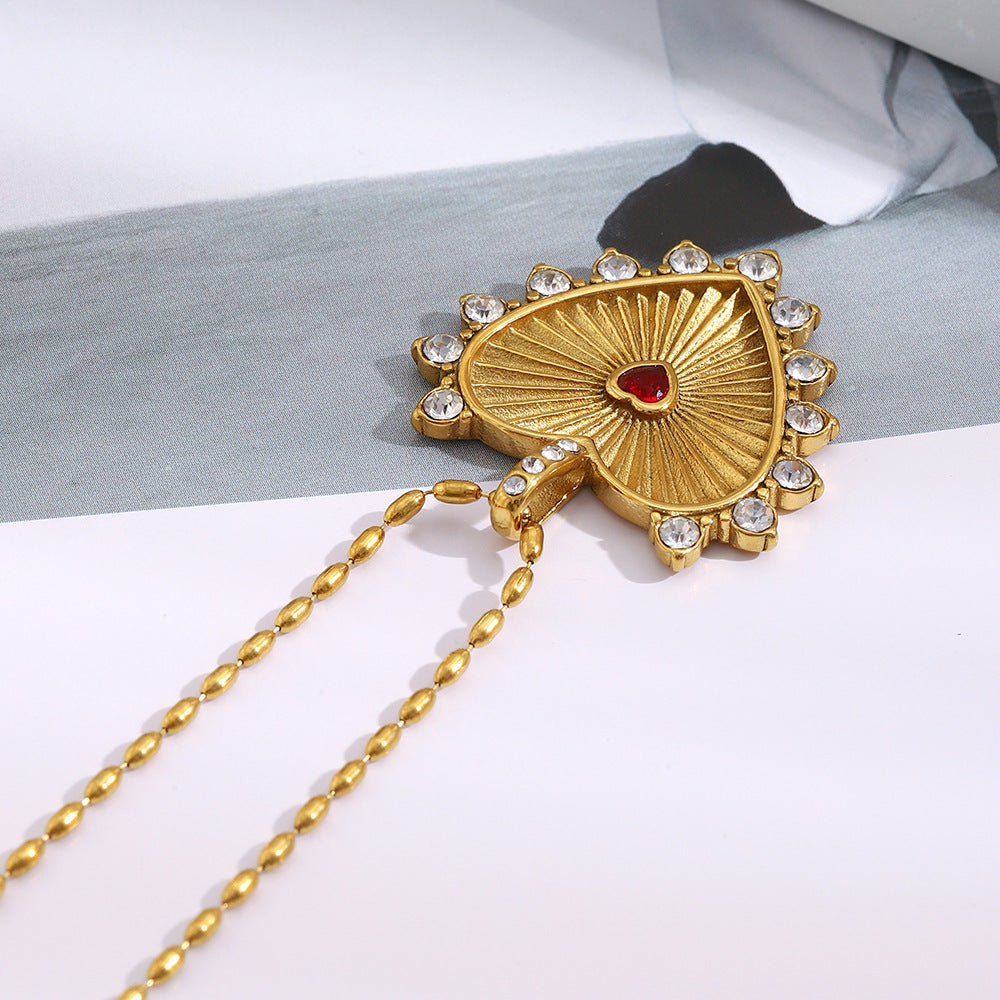 Carved Heart Necklace - Gold Stainless Steel Diamond-encrusted Heart Necklace