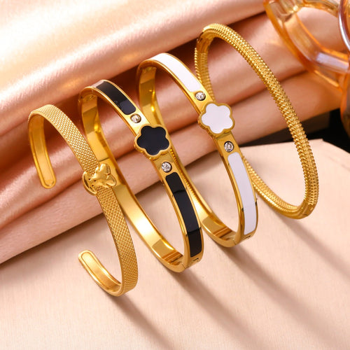 Black Five-petal Flower Bracelet 18k Gold Plated Five Leaf Clover Bear Steel Bangle