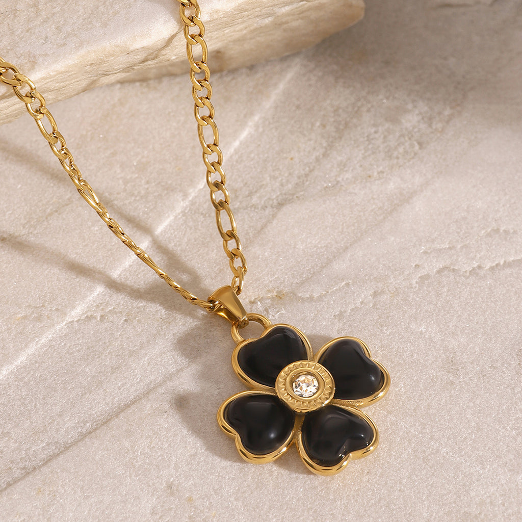 Gold Stainless Steel Four Leaf Clover Agate Necklace