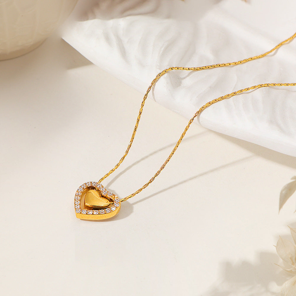 Gold Stainless Steel Full Diamond Heart-shaped Delicate Clavicle Chain Vintage Heart Necklace