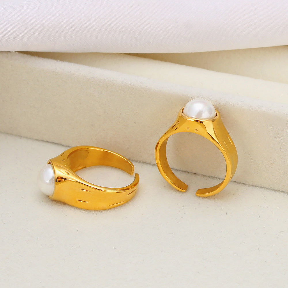 Fashion Gold Stainless Steel Pearl Open Ring
