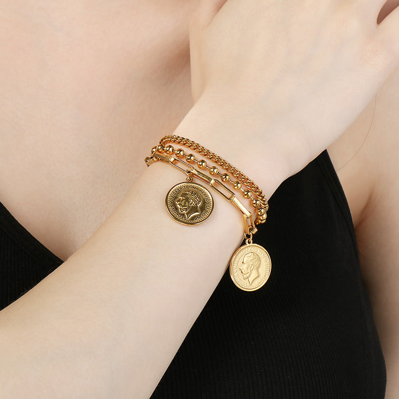 Gold 18k Gold Plated Coin Portrait Cross Cuban Bracelet