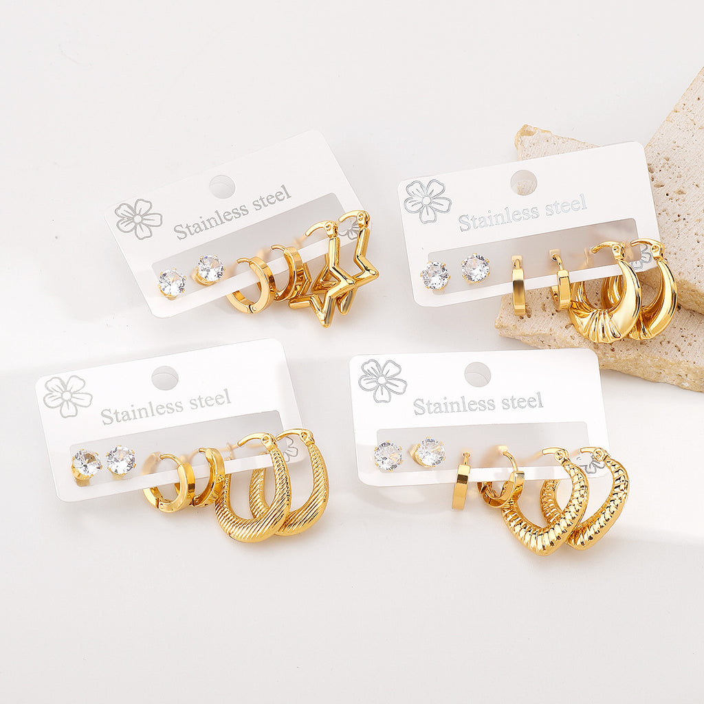 Love Stainless Steel Diamond Oval Five-pointed Star Heart Geometric Earrings Set