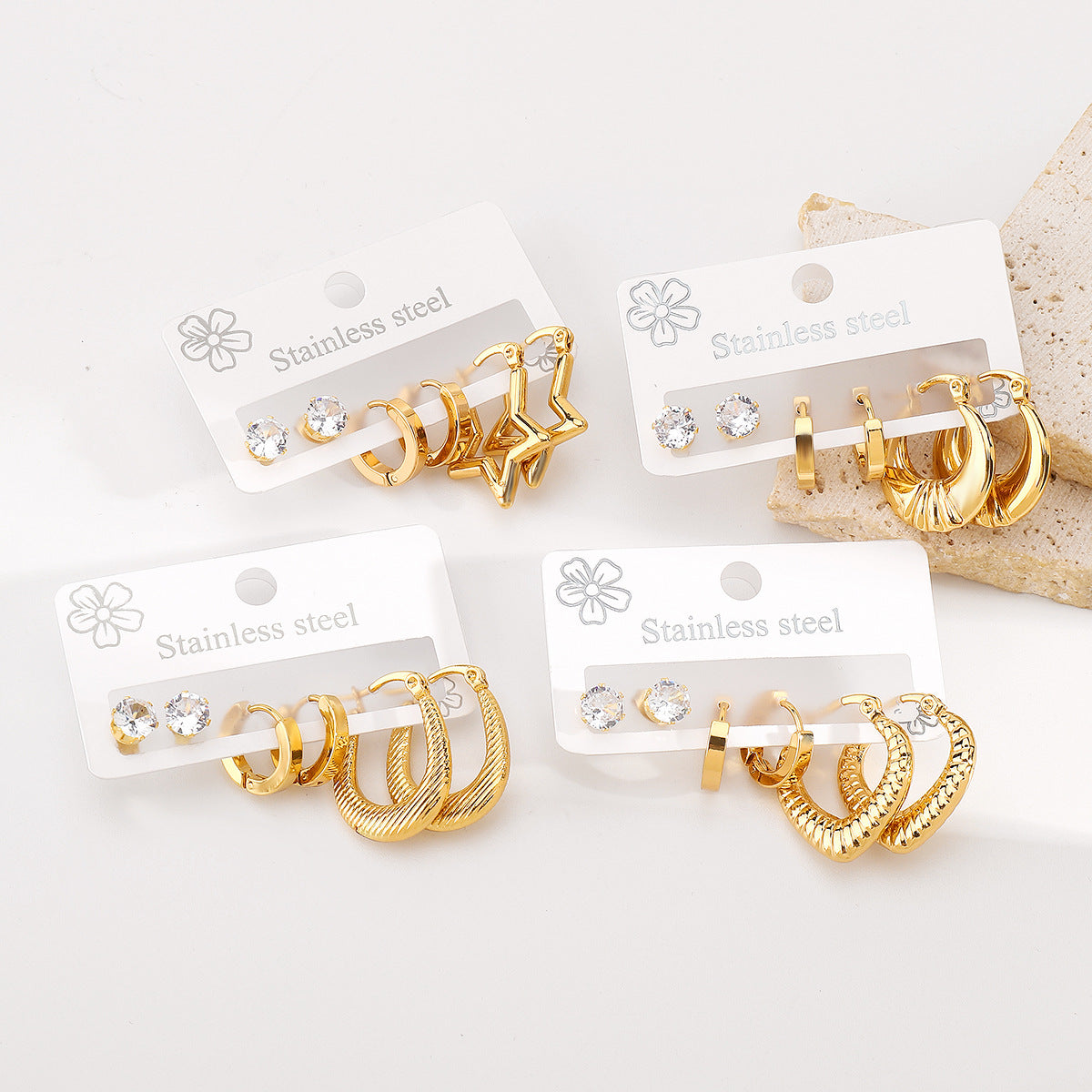 Oval Stainless Steel Diamond Oval Five-pointed Star Heart Geometric Earrings Set