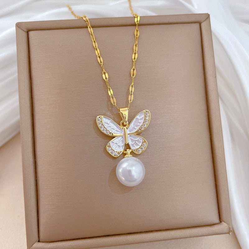 Necklace Stainless Steel Pearl Butterfly Necklace