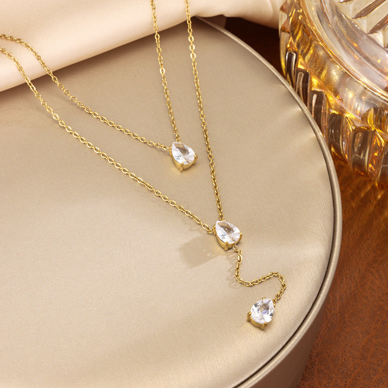 Gold Double-layer Green Diamond Necklace Titanium Steel Non-fading Double Layer Zircon Necklace