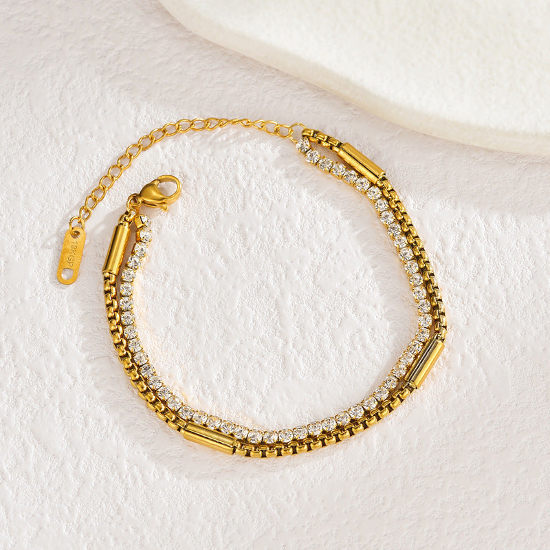 Gold Stainless Steel Diamond Claw Chain Double Necklace
