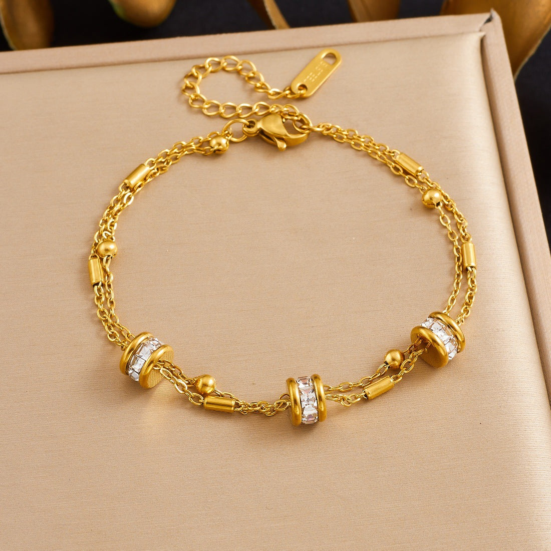 Gold Gold-plated Double-layer Chain Stainless Steel Diamond-set Round Bracelet