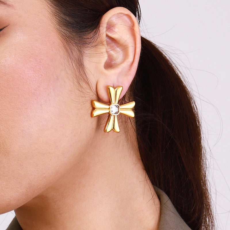 Gold Stainless Steel Diamond Cross Earrings