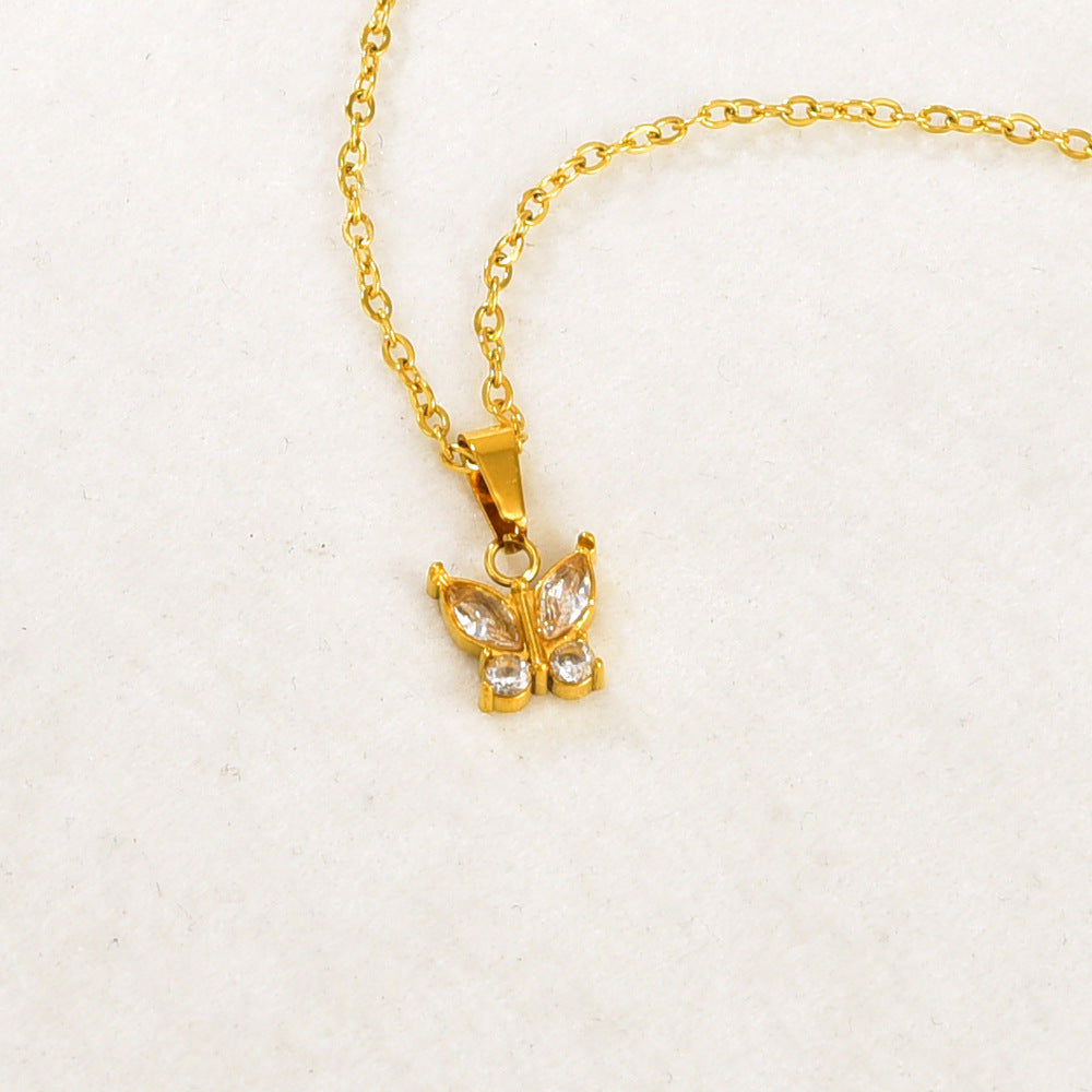 Gold Stainless Steel Diamond-encrusted Butterfly Necklace