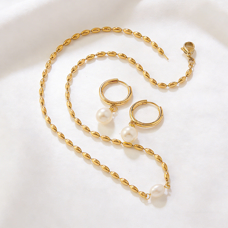 Set Stainless Steel Pearl Necklace Bracelet And Earring Set