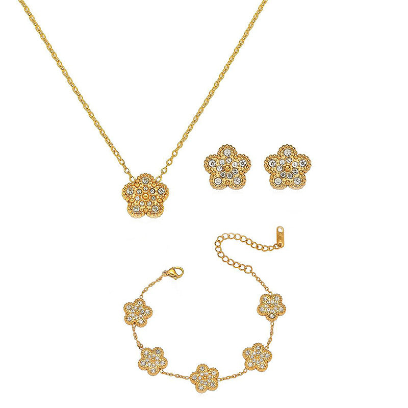 Five-leaf Clover [earrings + Necklace] Stainless Steel Diamond Flower Necklace And Earring Set