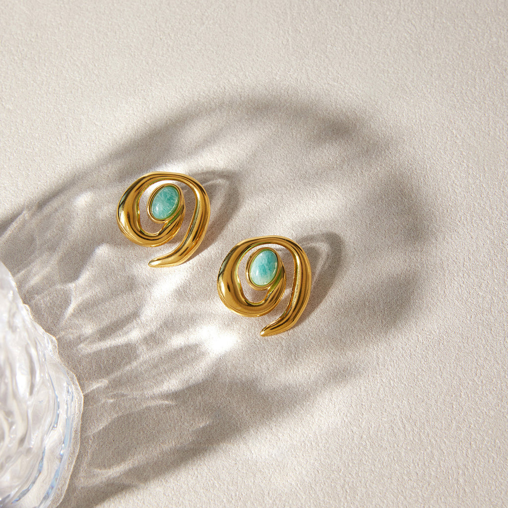 Gold 1 18k Gold Amazonite Titanium Steel Stud Earrings Vacation Style