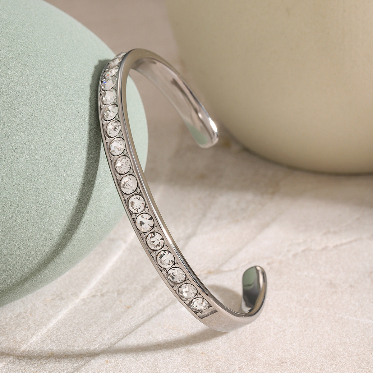 Fashion Silver Stainless Steel Geometric Cuff Bracelet With Diamonds