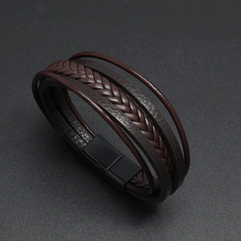 Silver Magnetic Buckle + Brown Leather 23cm Multi-layer Braided Magnetic Buckle Men's Bracelet