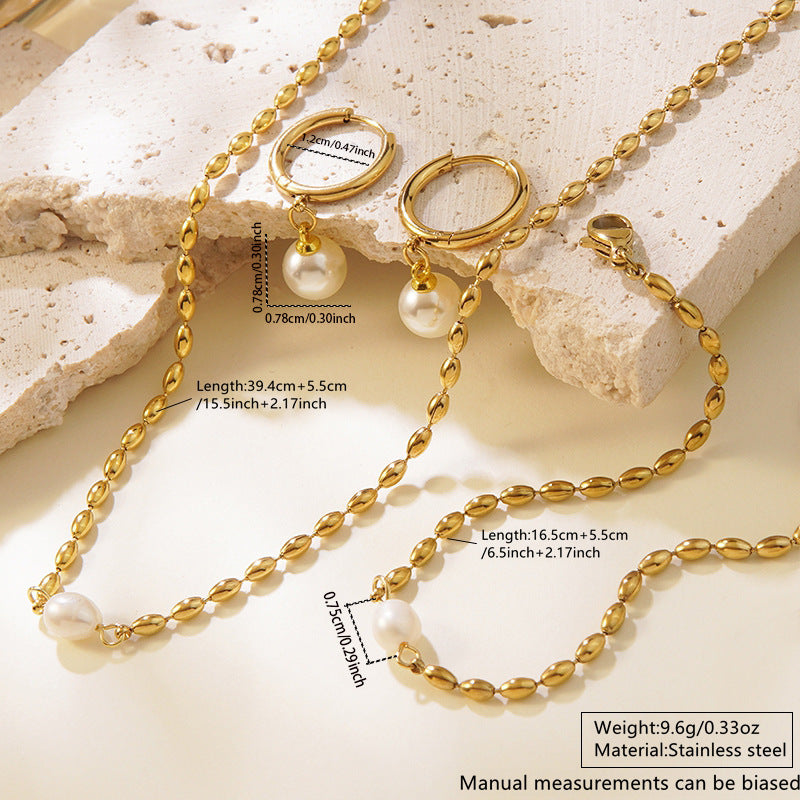 Set Stainless Steel Pearl Necklace Bracelet And Earring Set