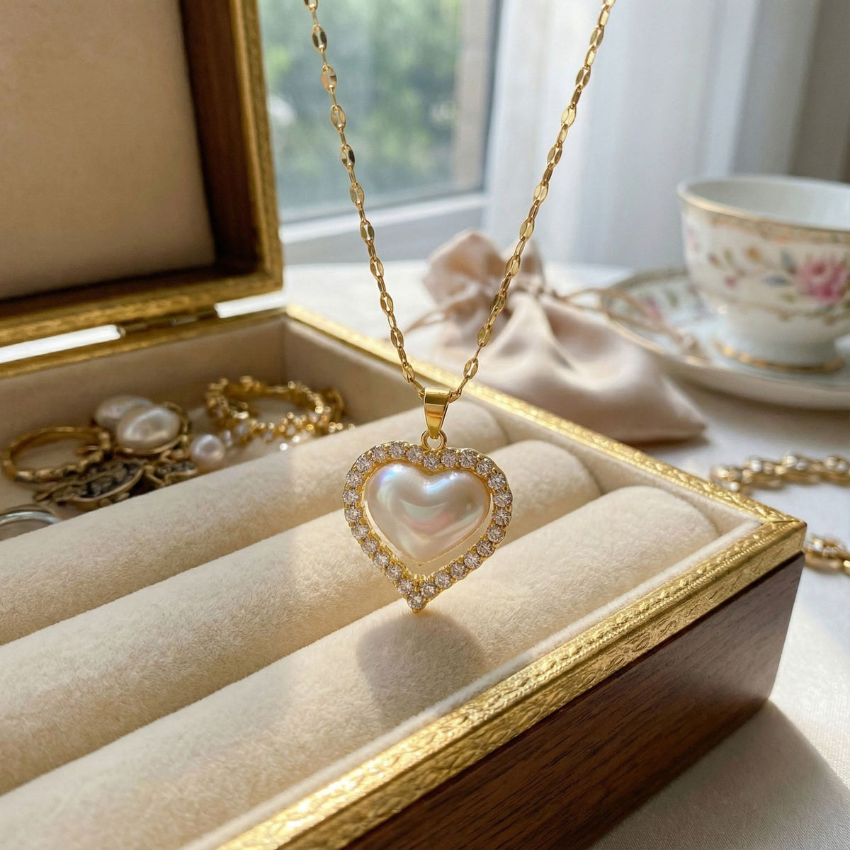 Gold Stainless Steel Diamond-encrusted Heart-shaped Pearl Necklace