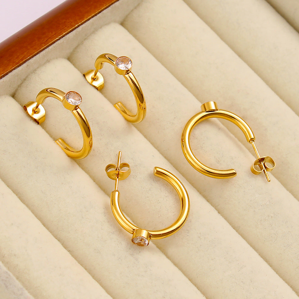 Gold Stainless Steel Diamond C-shaped Earrings