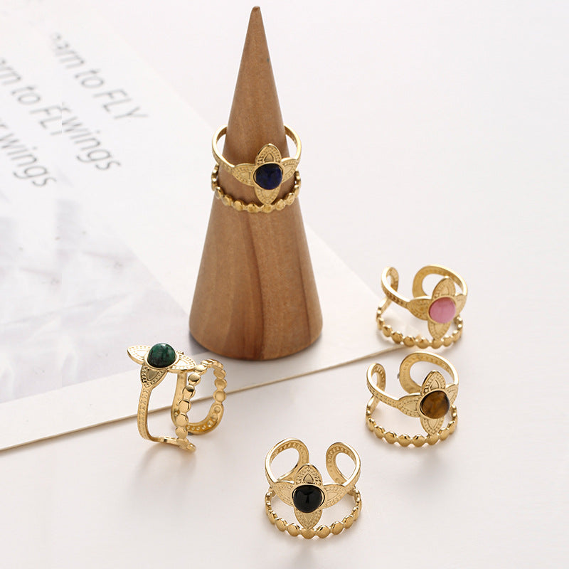 European And American Stainless Steel Flower Inlaid Stone Ring Black One By One Stainless Steel Petal Double Ring