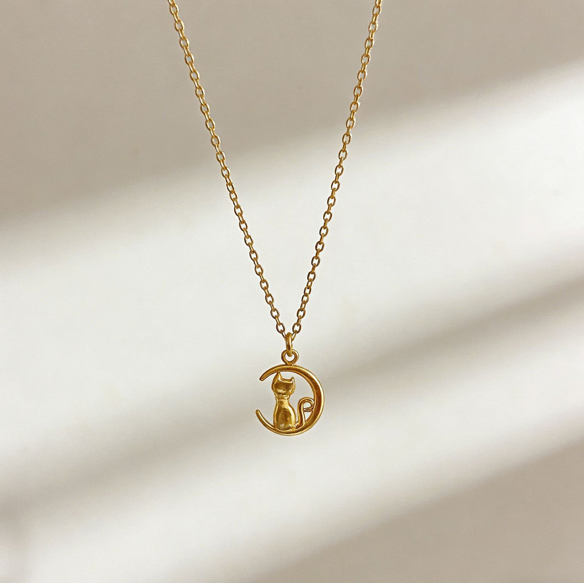 Gold Hollow Moon Cat Pendant Necklace Stainless Steel Cute Animal Jewelry