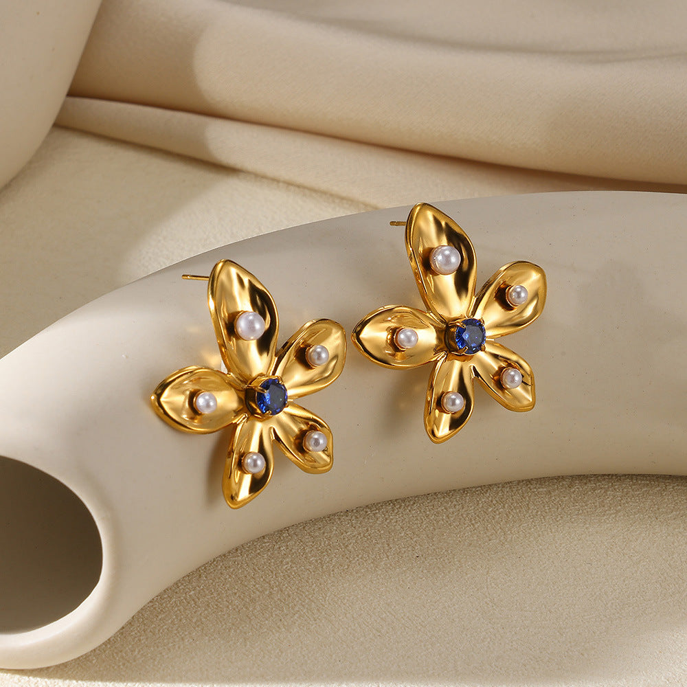 Earring 1# Stainless Steel Pearl Flower Earrings